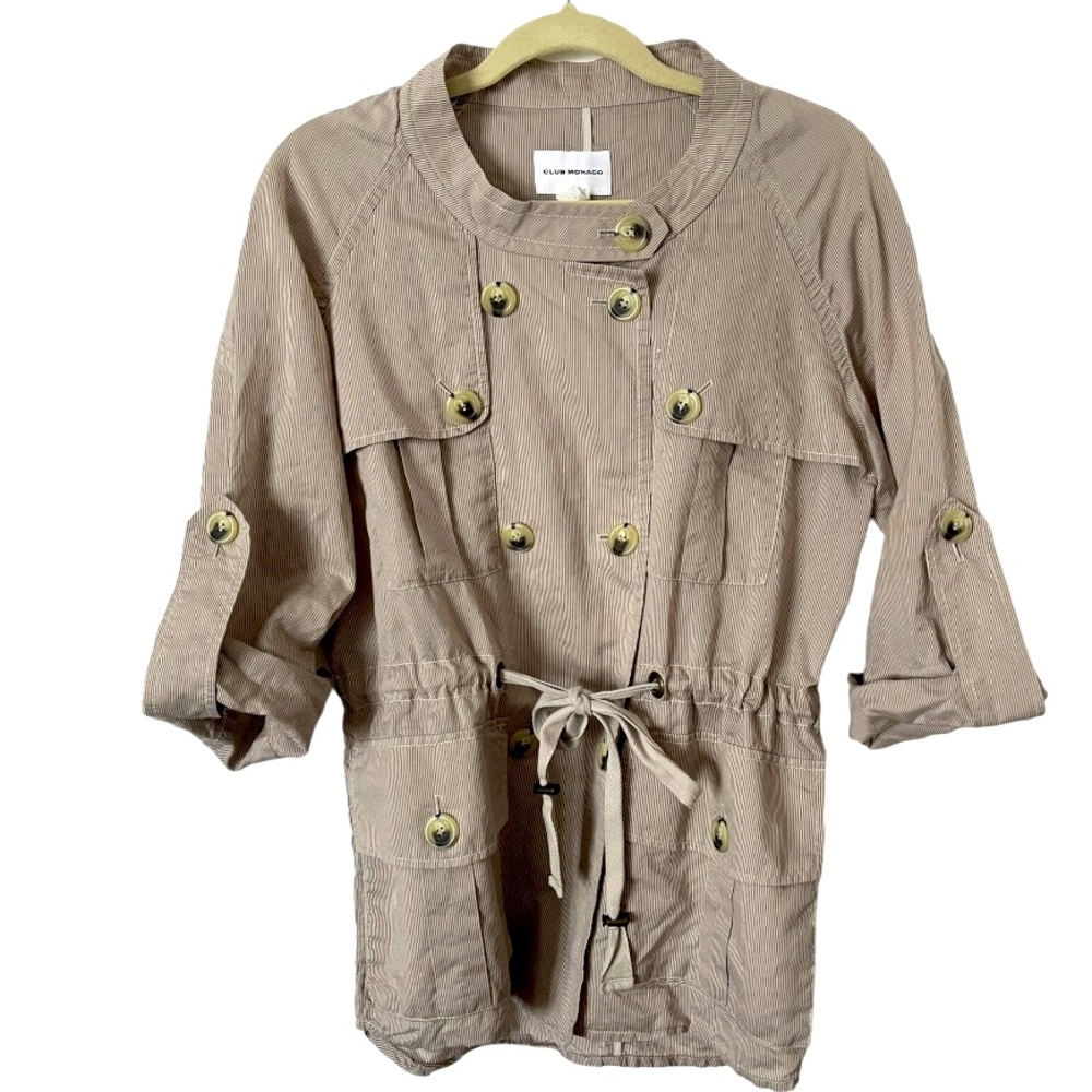 Club Monaco Tan White Pinstripe Lightweight Cargo Safari Jacket M Silk Cotton